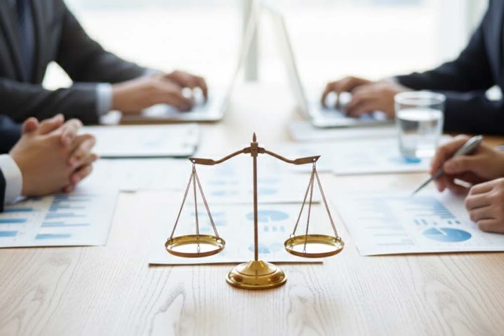 business discussion with documents and a symbol of governance on the table