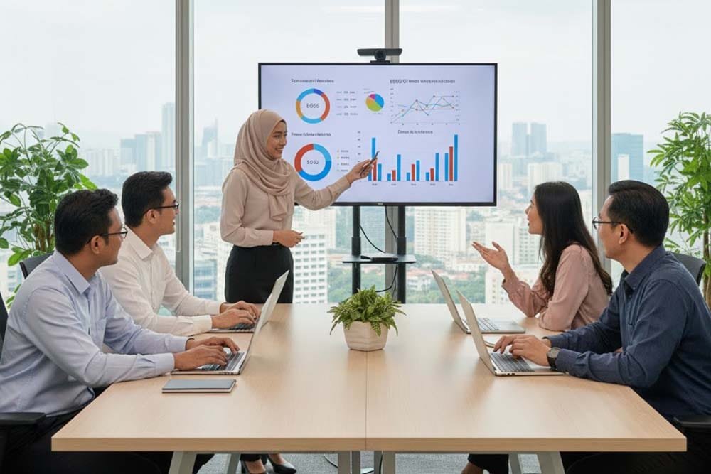 malaysian team discussing workplace matters in an office setting