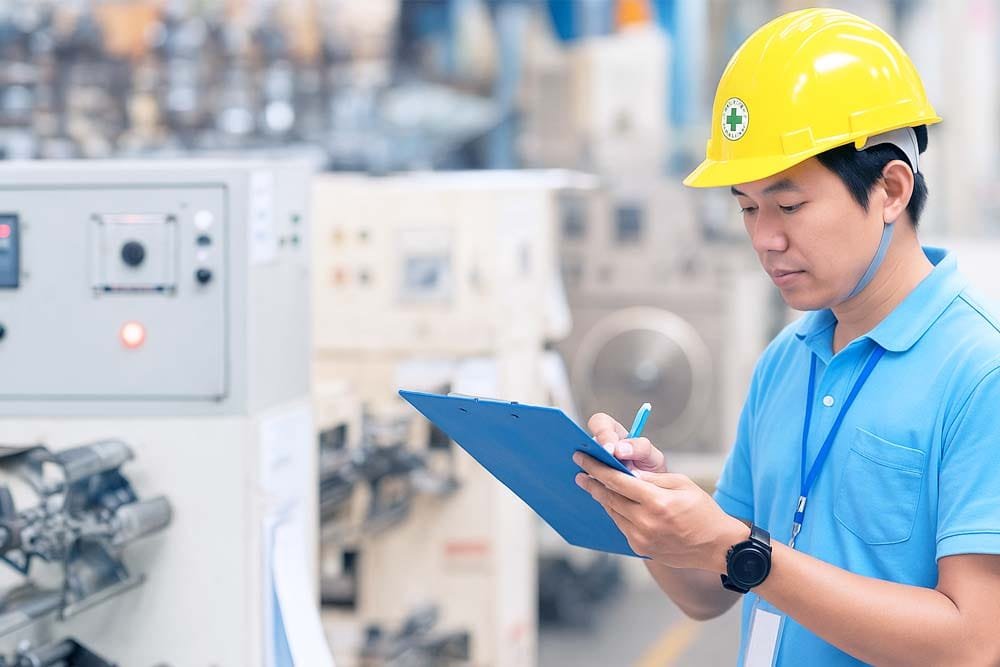 worker completing an audit preparation johor checklist inside a manufacturing facility