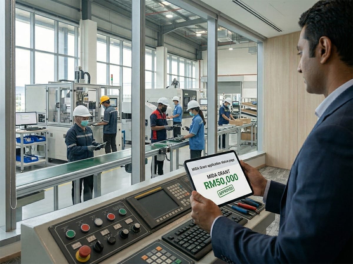 Clarity consultant showing approved MIDA grant RM50,000 on tablet with modern Johor factory background 