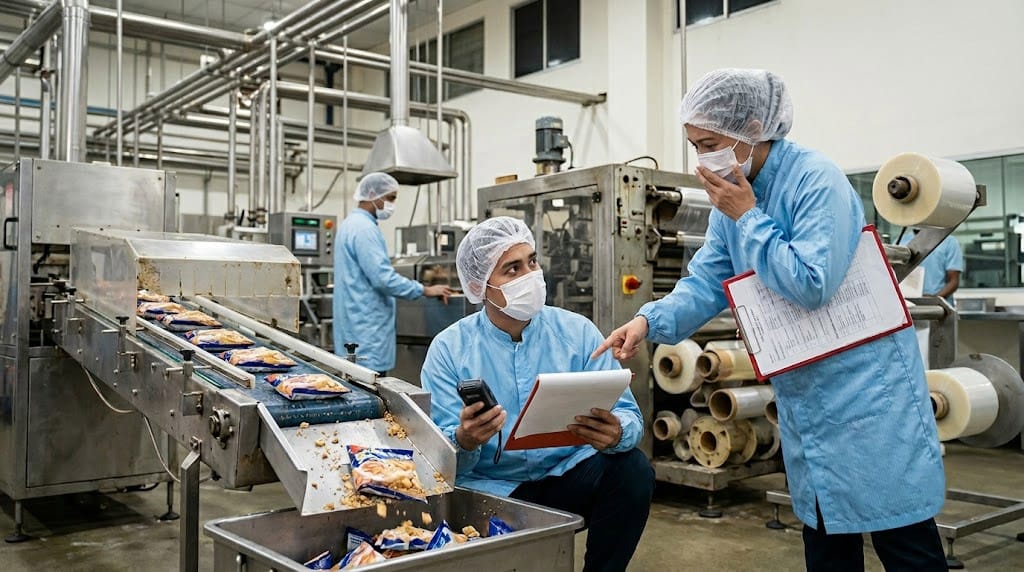 Food factory workers reviewing production metrics and addressing common FSSC 22000 V7 Malaysia transition challenges on the manufacturing floor.