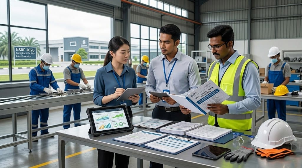 Professional team conducting a social audit and verifying ESG data for NSRF 2026 compliance in a Malaysia factory setting.  